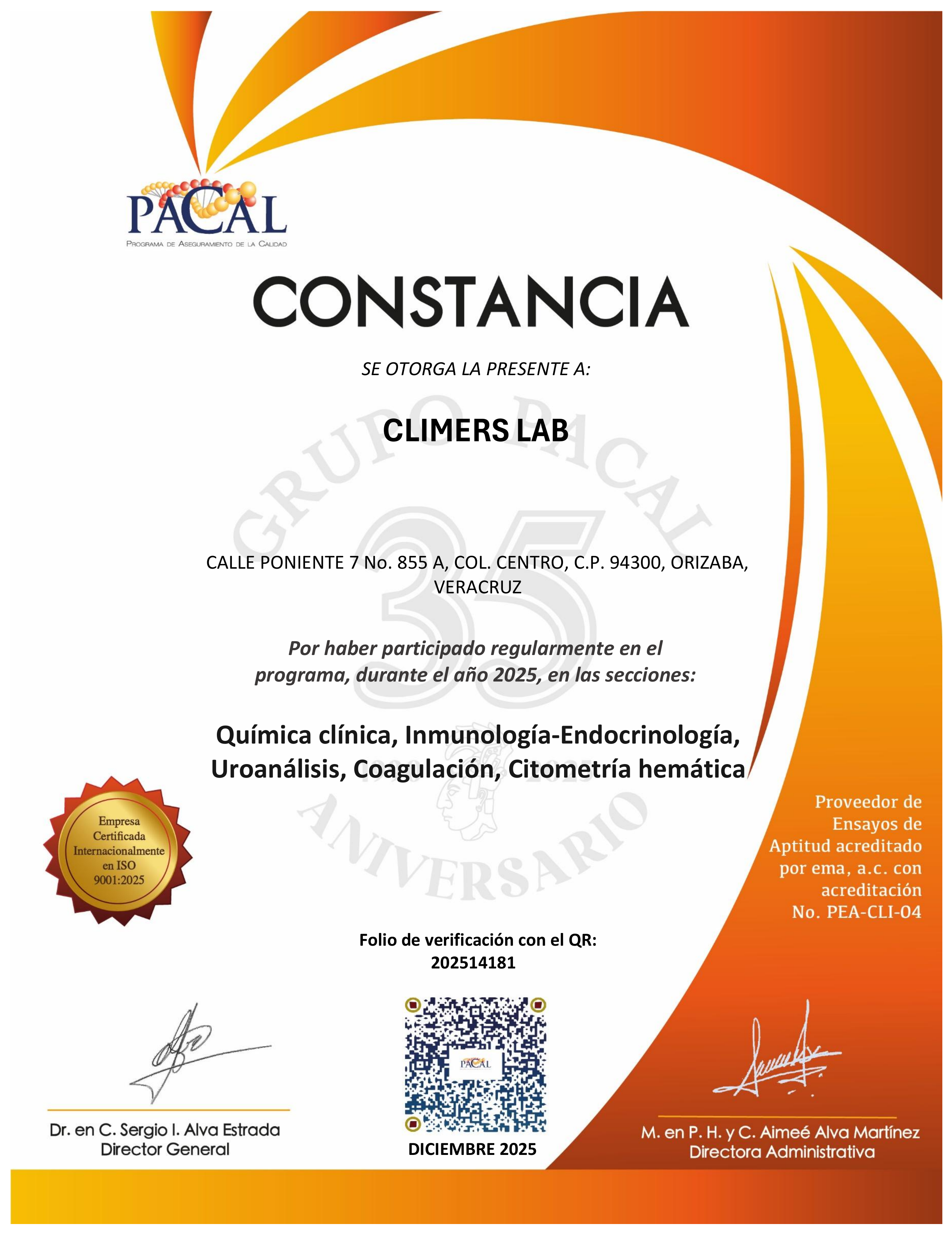 Constancia PACAL otorgada a Climers Lab en 2025