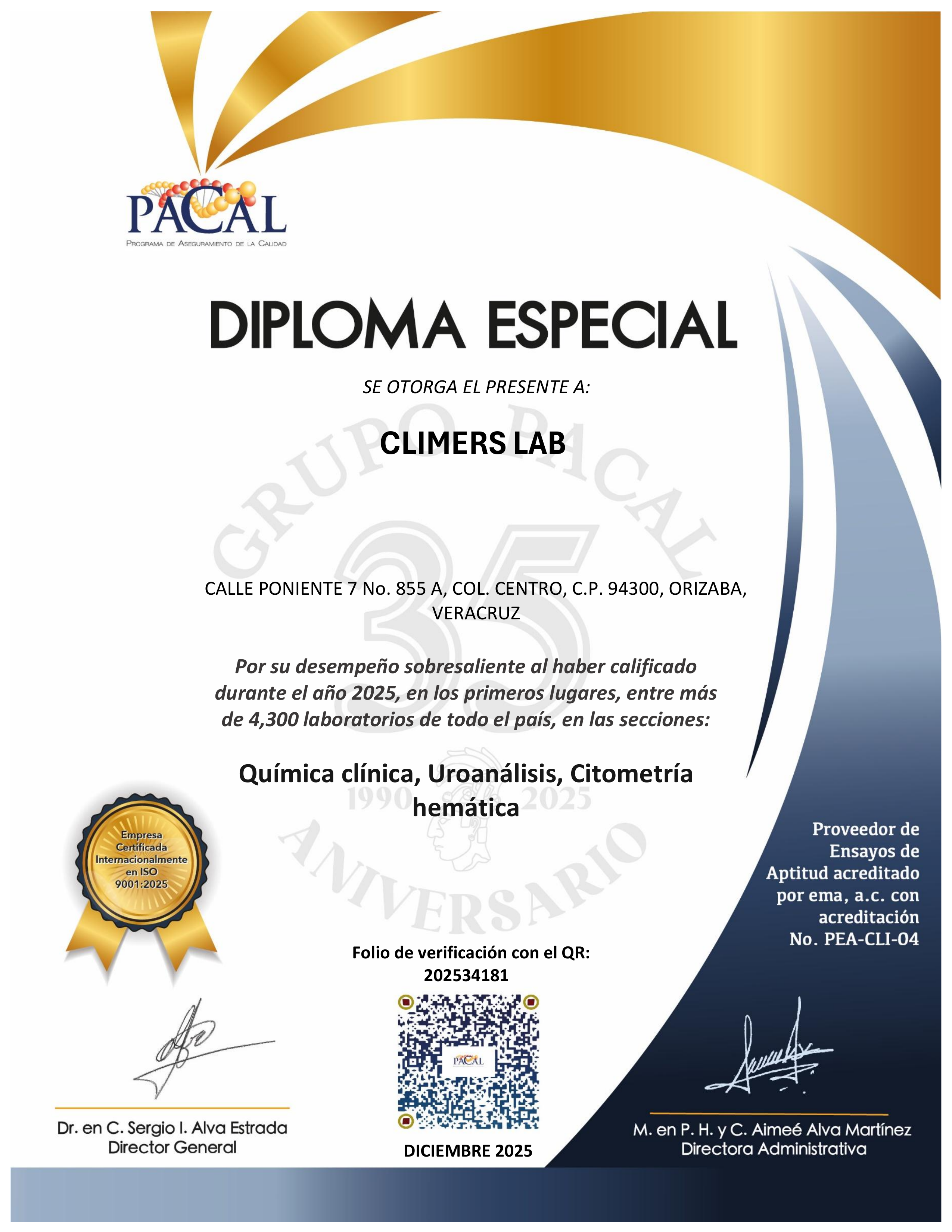 Diploma especial PACAL otorgado a Climers Lab en 2025