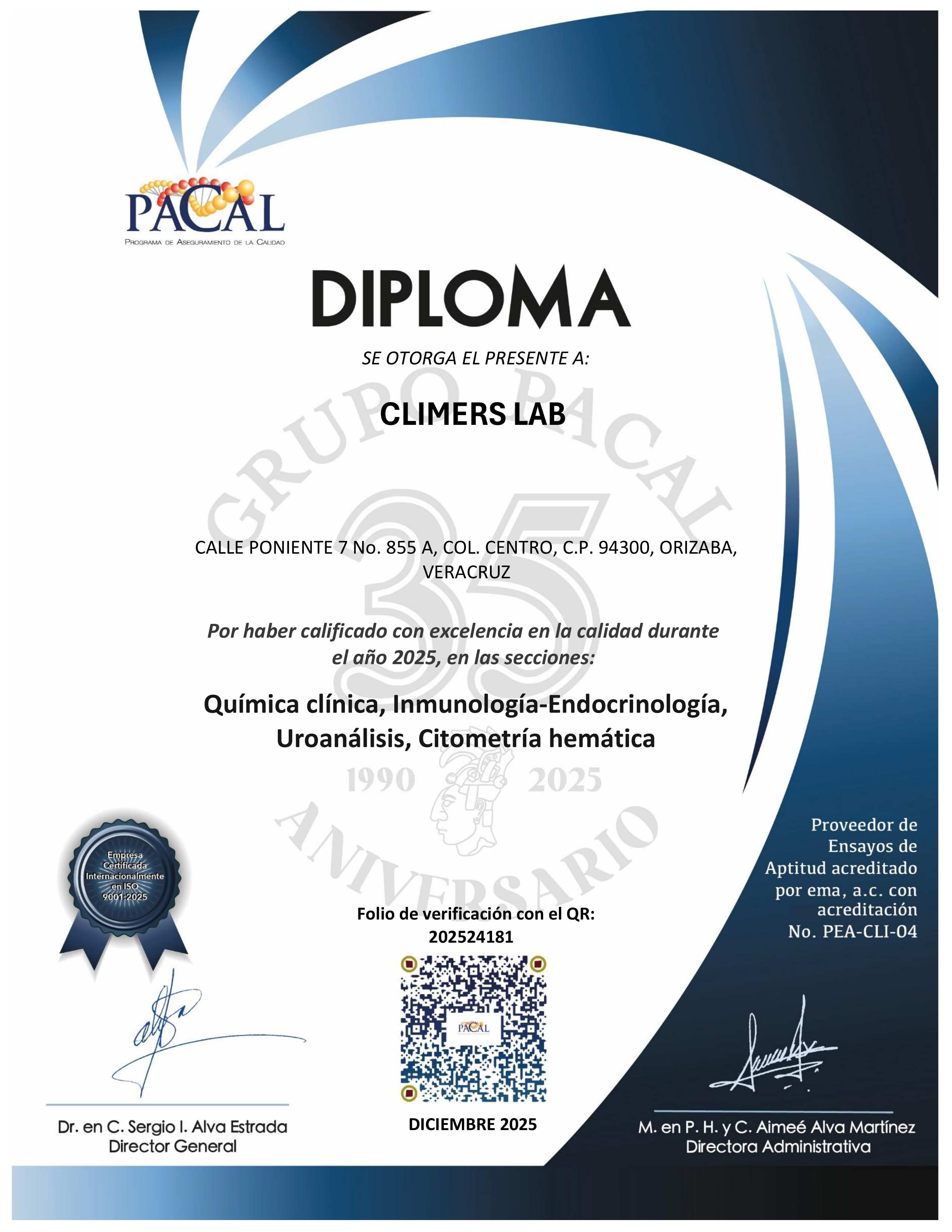 Diploma PACAL por excelencia en calidad otorgado a Climers Lab en 2025