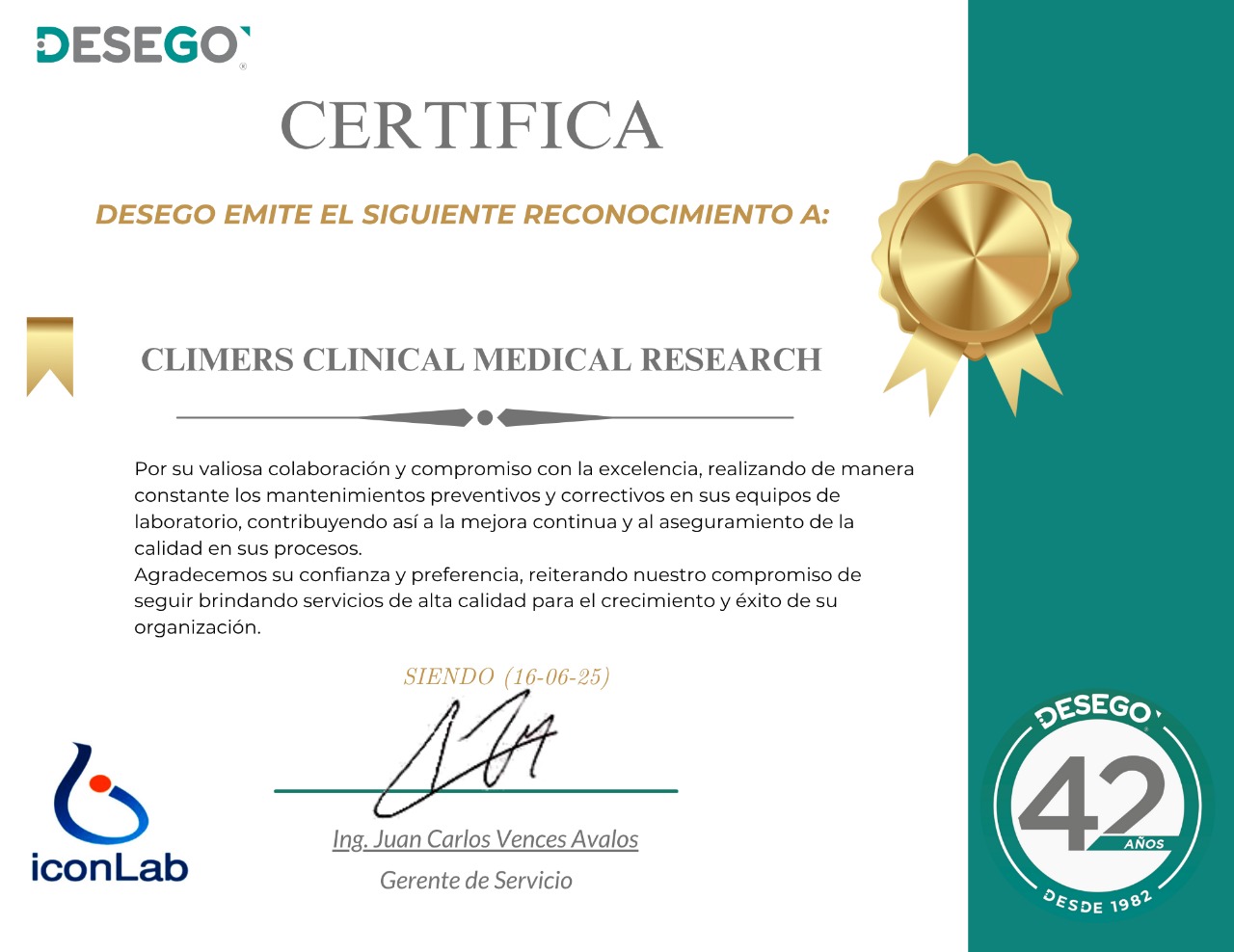 Reconocimiento DESEGO a Climers Clinical Medical Research